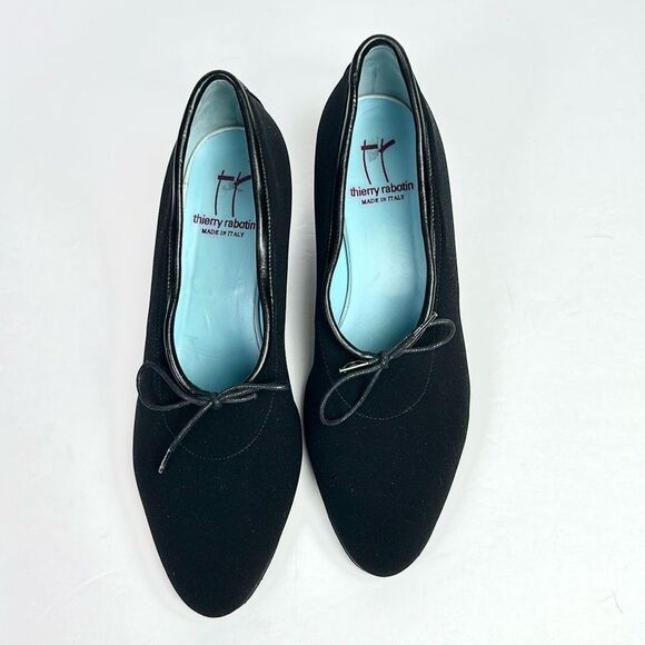 Thierry Rabotin Black Heels Pumps Canvas & Leather Bow Details Italy 38 1/2 US 8 - Picture 4 of 16